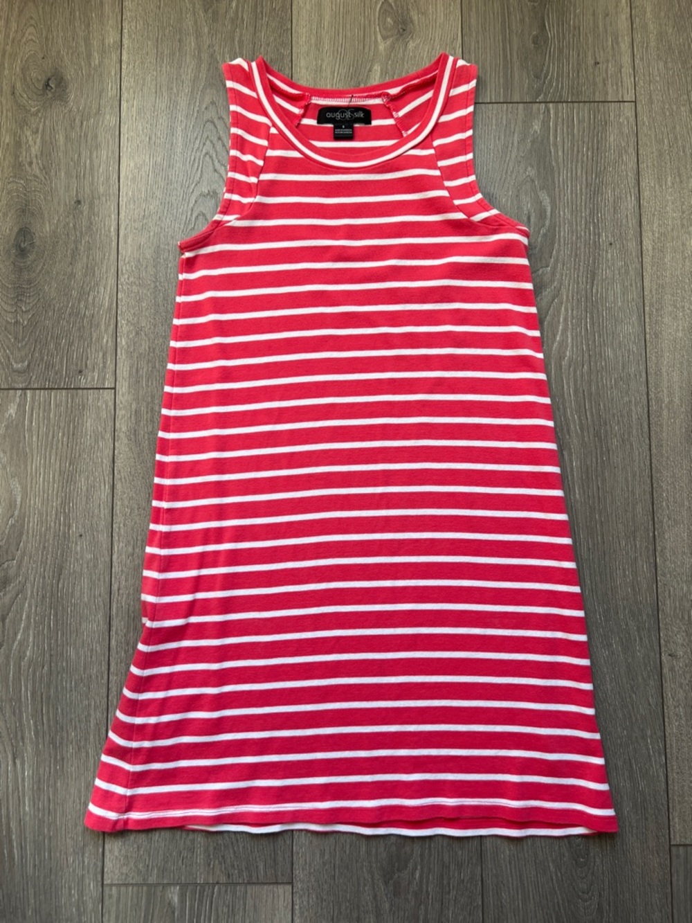 August silk Sz S sleeveless, pink and white vertical stripe cotton dress